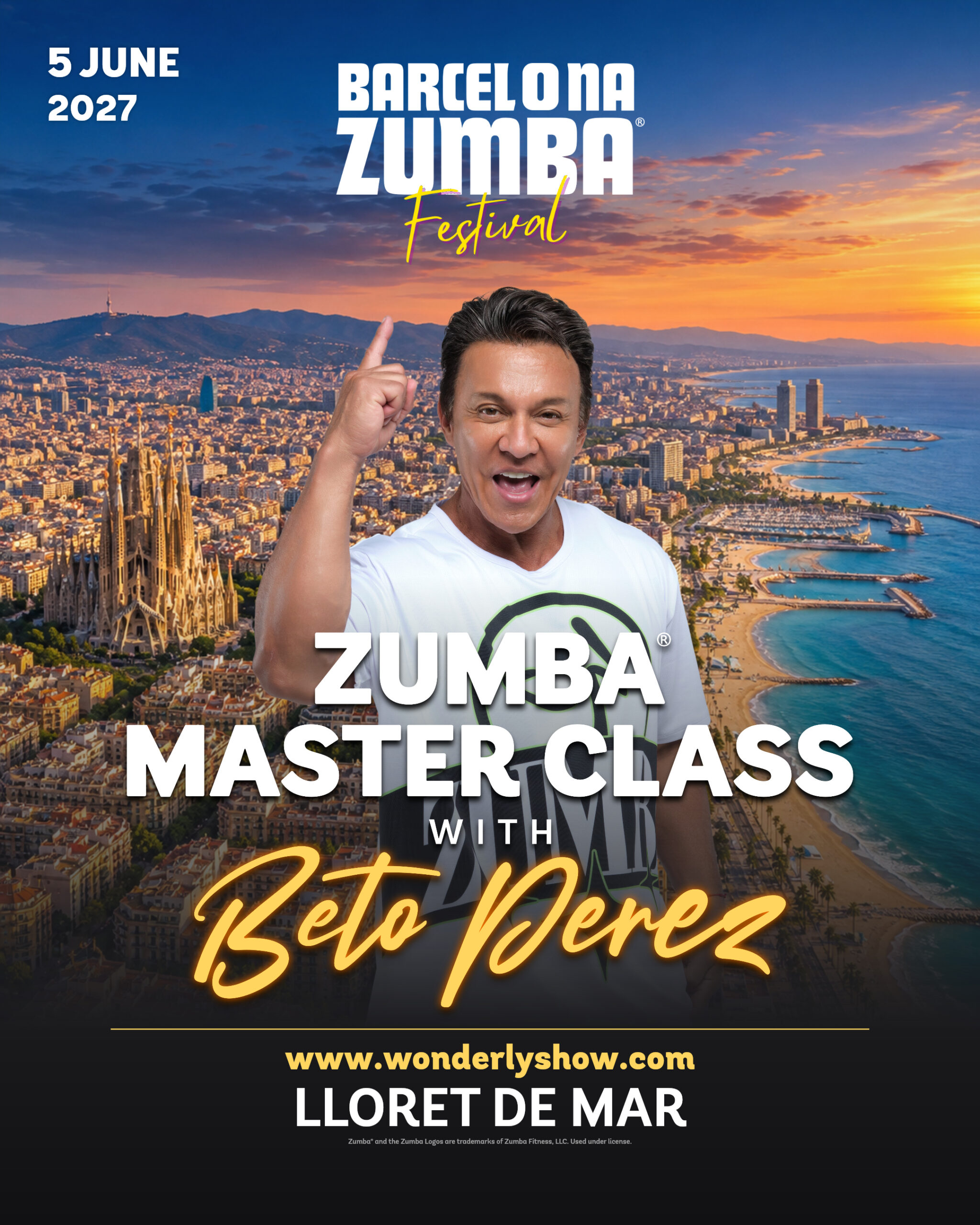 Flyer oficial de Beto Pérez: Zumba Master Class, 5 de junio de 2027 en Lloret de Mar, Barcelona Zumba Festival